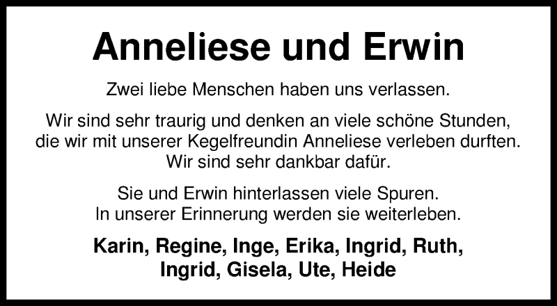  Traueranzeige für Anneliese und Erwin Pohl vom 17.04.2015 aus Nordwest-Zeitung