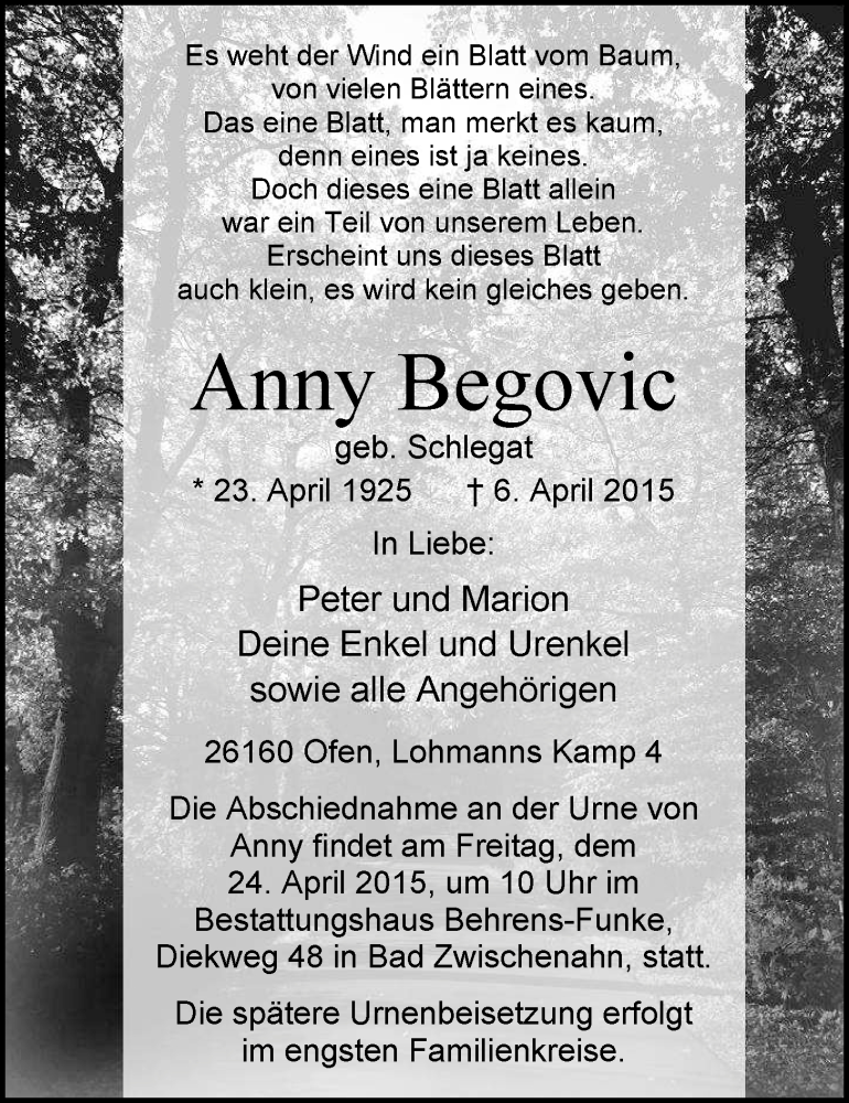  Traueranzeige für Anny Begovic vom 13.04.2015 aus Nordwest-Zeitung
