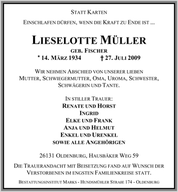 Traueranzeige von Lieselotte Müller von Nordwest-Zeitung