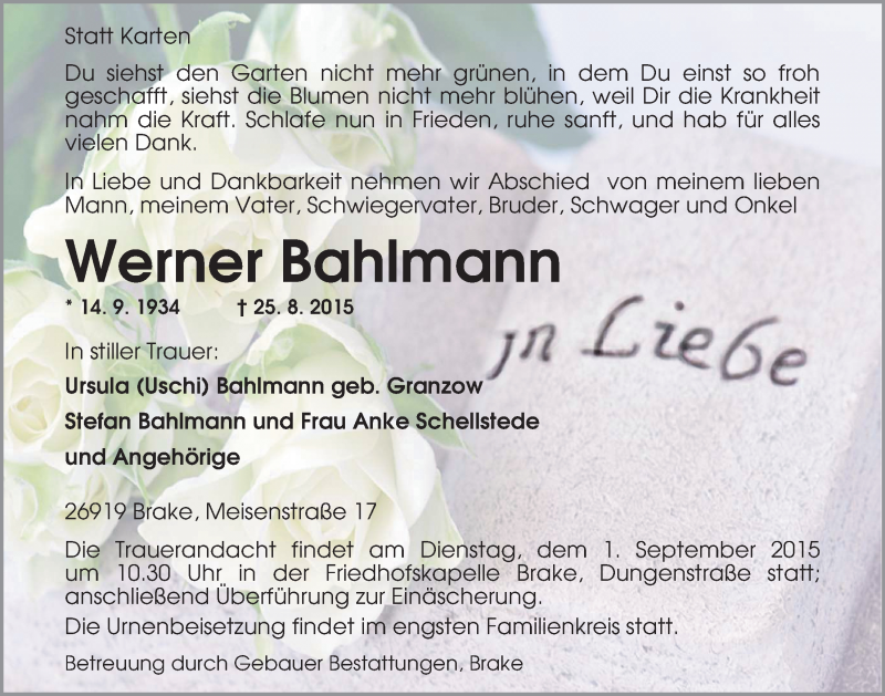  Traueranzeige für Werner Bahlmann vom 27.08.2015 aus Nordwest-Zeitung