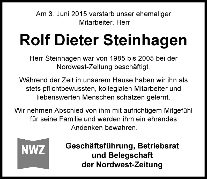  Traueranzeige für Rolf Dieter Steinhagen vom 13.06.2015 aus Nordwest-Zeitung