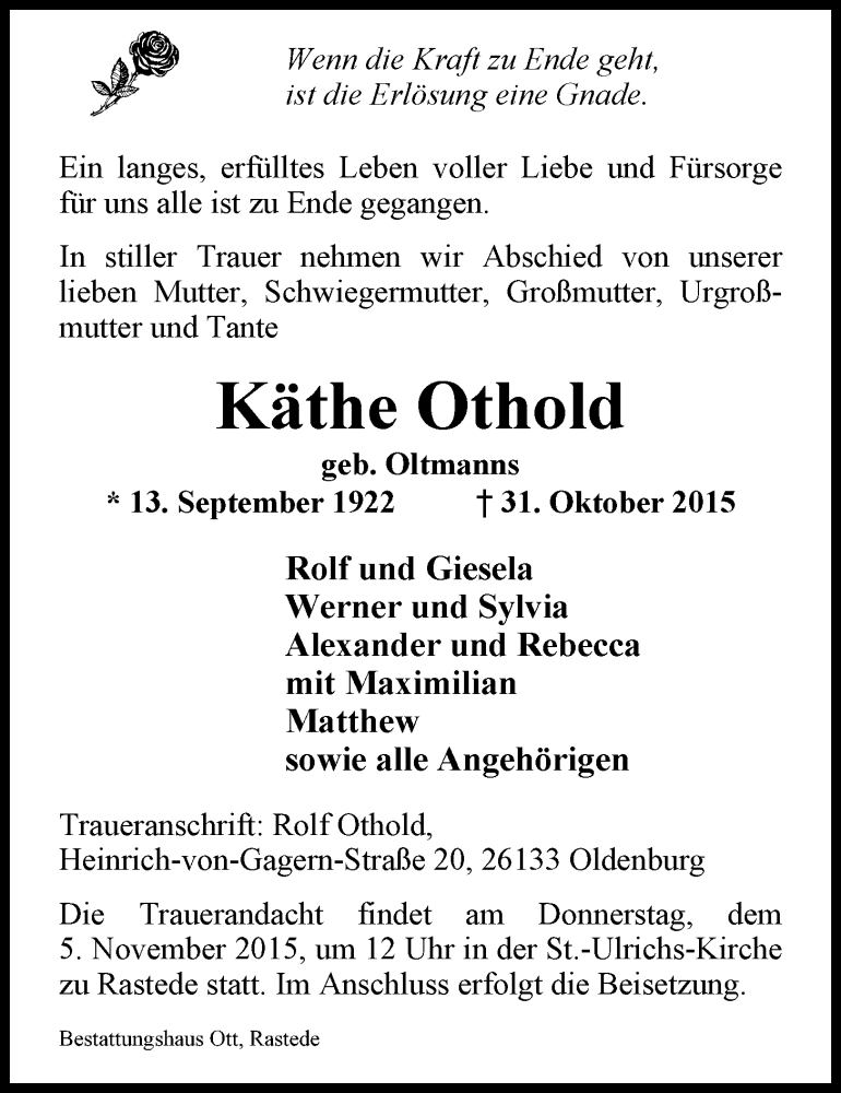  Traueranzeige für Käthe Othold vom 03.11.2015 aus Nordwest-Zeitung