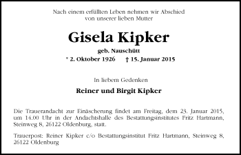 Traueranzeige von Gisela Kipker von Nordwest-Zeitung