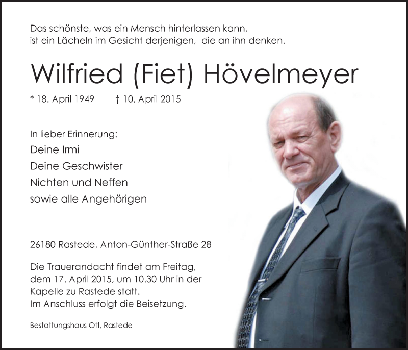  Traueranzeige für Wilfried (Fiet) Hövelmeyer vom 14.04.2015 aus Nordwest-Zeitung
