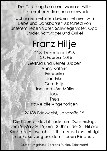 Traueranzeige von Franz Hillje von Nordwest-Zeitung