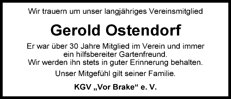  Traueranzeige für Gerold Ostendorf vom 27.06.2015 aus Nordwest-Zeitung