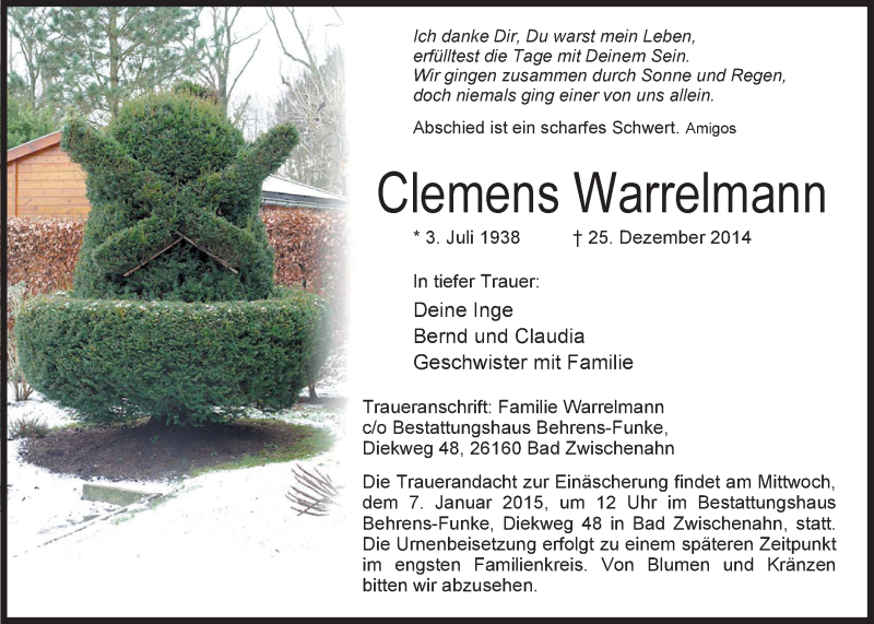  Traueranzeige für Clemens Warrelmann vom 30.12.2014 aus Nordwest-Zeitung