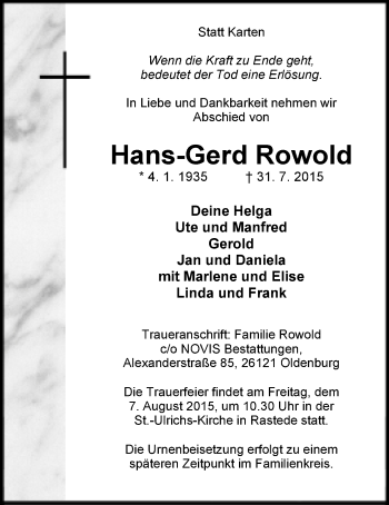 Traueranzeige von Hans-Gerd Rowold von Nordwest-Zeitung