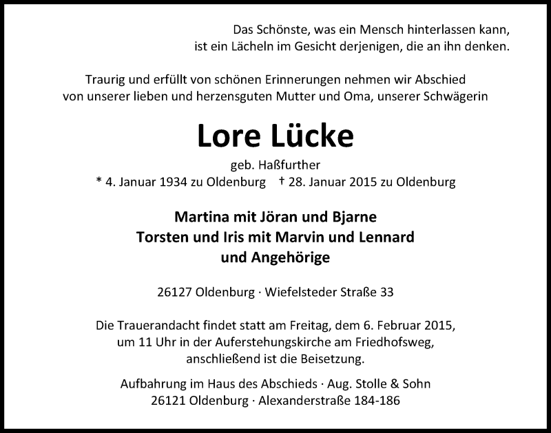  Traueranzeige für Lore Lücke vom 31.01.2015 aus Nordwest-Zeitung