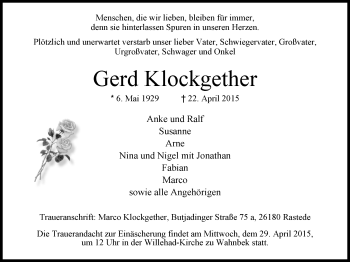 Traueranzeige von Gerd Klockgether von Nordwest-Zeitung