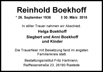 Traueranzeige von Reinhold Boekhoff von Nordwest-Zeitung
