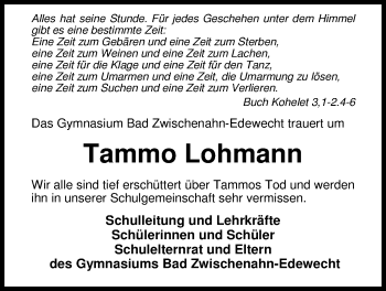 Traueranzeige von Tammo Lohmann von Nordwest-Zeitung
