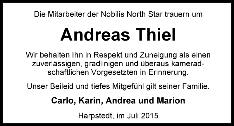  Traueranzeige für Andreas Thiel vom 23.07.2015 aus Nordwest-Zeitung