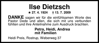 Traueranzeige von Ilse Dietzsch von Nordwest-Zeitung