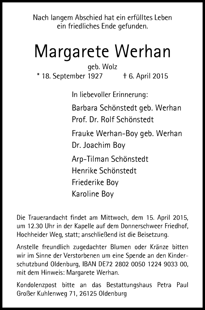  Traueranzeige für Margarete Werhan vom 11.04.2015 aus Nordwest-Zeitung