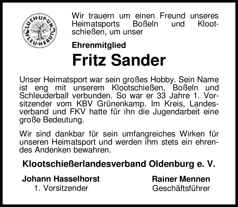  Traueranzeige für Fritz Sander vom 02.02.2009 aus Nordwest-Zeitung