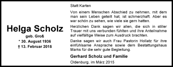 Traueranzeige von Helga Scholz von Nordwest-Zeitung