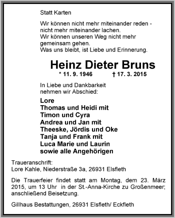 Traueranzeige von Heinz Dieter Bruns von Nordwest-Zeitung