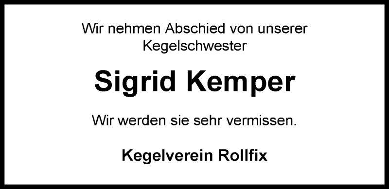  Traueranzeige für Sigrid Kemper vom 03.02.2015 aus Nordwest-Zeitung