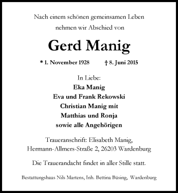 Traueranzeige von Gerd Manig von Nordwest-Zeitung
