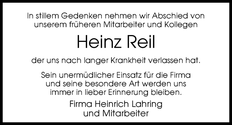  Traueranzeige für Heinz Reil vom 31.12.2014 aus Nordwest-Zeitung