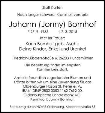 Traueranzeige von Johann (Jonny) Bomhof von Nordwest-Zeitung