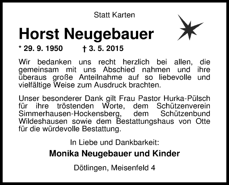  Traueranzeige für Horst  Neugebauer vom 20.06.2015 aus Nordwest-Zeitung