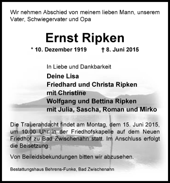 Traueranzeige von Ernst Ripken von Nordwest-Zeitung
