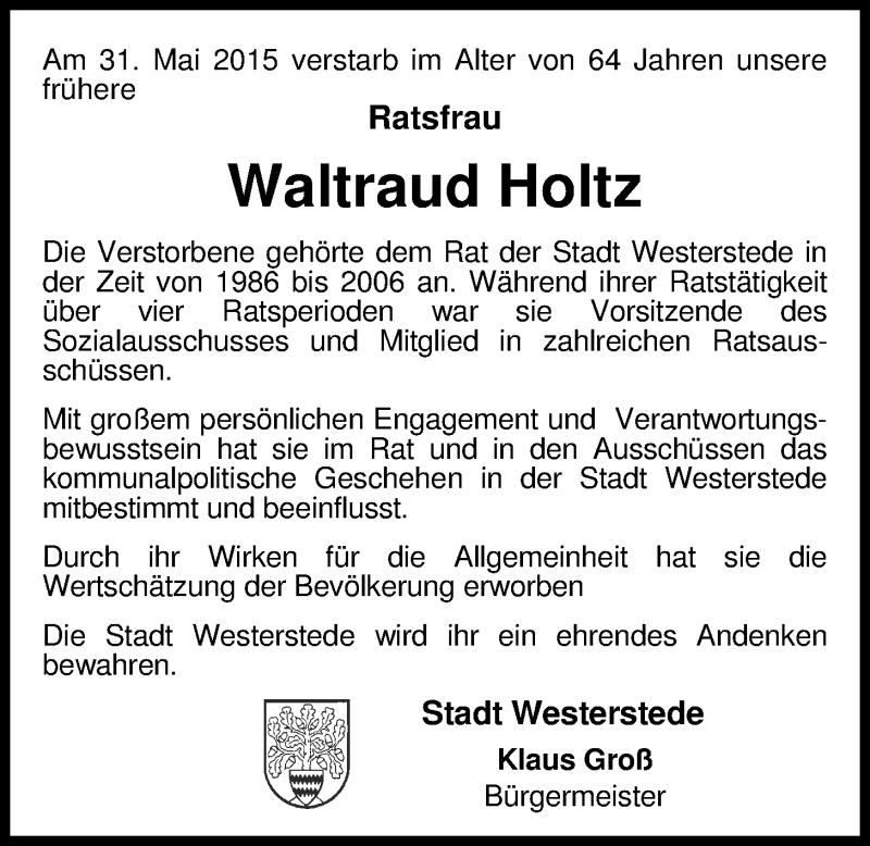  Traueranzeige für Waltraud Holtz vom 04.06.2015 aus Nordwest-Zeitung