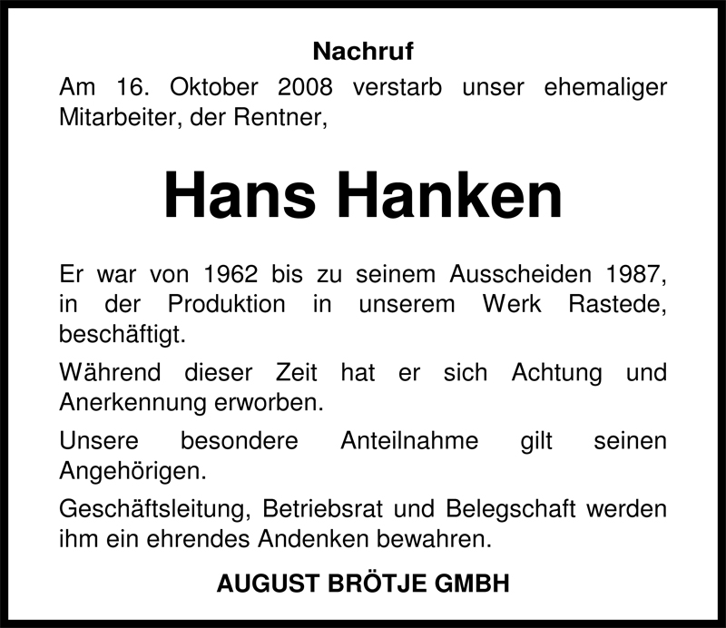  Traueranzeige für Hans Hanken vom 30.10.2008 aus Nordwest-Zeitung