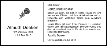 Traueranzeige von Almuth Deeken von Nordwest-Zeitung