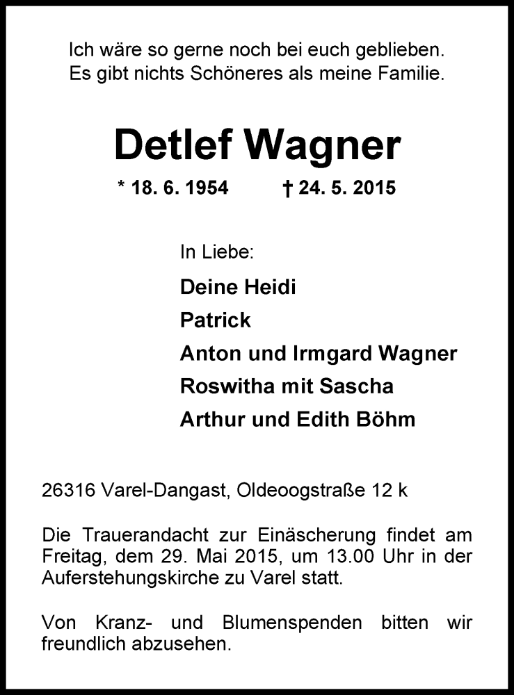  Traueranzeige für Detlef Wagner vom 27.05.2015 aus Nordwest-Zeitung