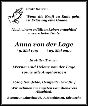 Traueranzeige von Anna von der Lage von Nordwest-Zeitung