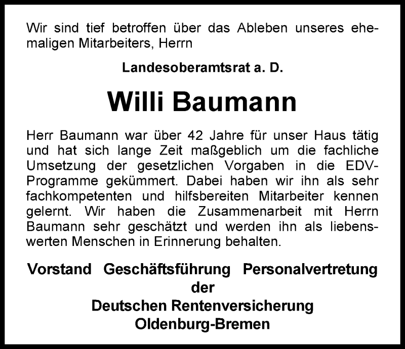  Traueranzeige für Willi Baumann vom 10.07.2015 aus Nordwest-Zeitung