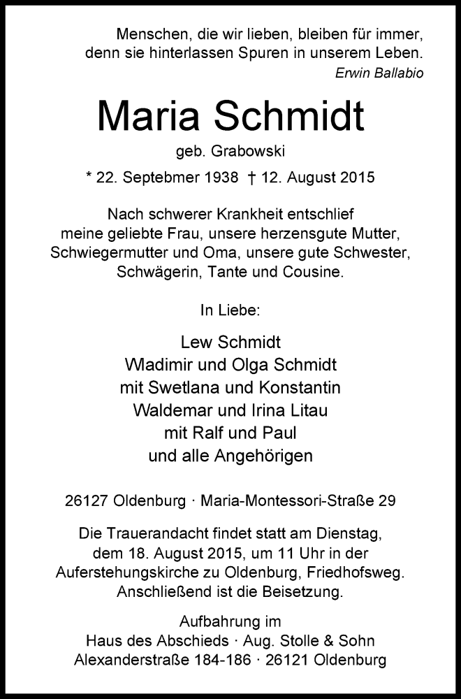  Traueranzeige für Maria Schmidt vom 14.08.2015 aus Nordwest-Zeitung