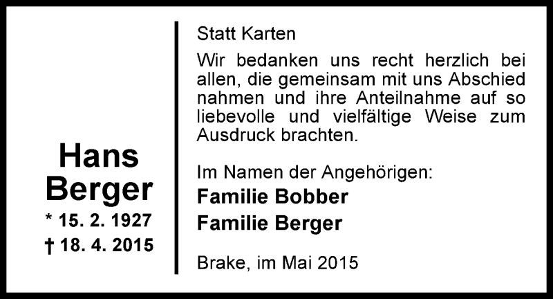  Traueranzeige für Hans Berger vom 26.05.2015 aus Nordwest-Zeitung