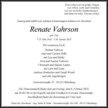 Traueranzeige von Renate Vahrson von Nordwest-Zeitung