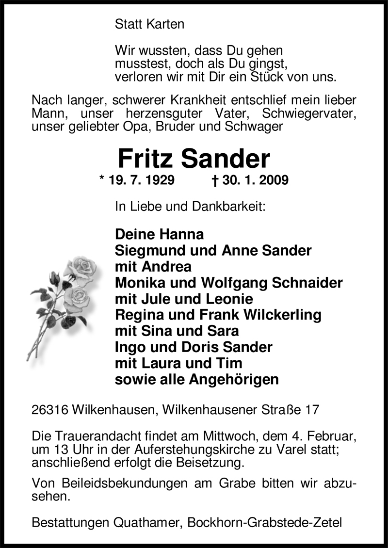  Traueranzeige für Fritz Sander vom 31.01.2009 aus Nordwest-Zeitung