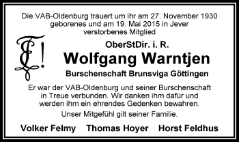 Traueranzeige von Wolfgang Warntjen von Nordwest-Zeitung