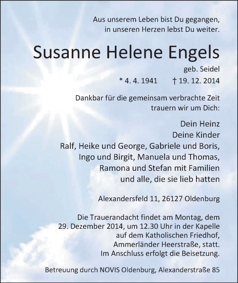  Traueranzeige für Susanne Helene Engels vom 27.12.2014 aus Nordwest-Zeitung