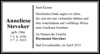 Traueranzeige von Anneliese Steveker von Nordwest-Zeitung