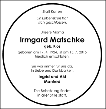 Traueranzeige von Irmgard Matschke von Nordwest-Zeitung