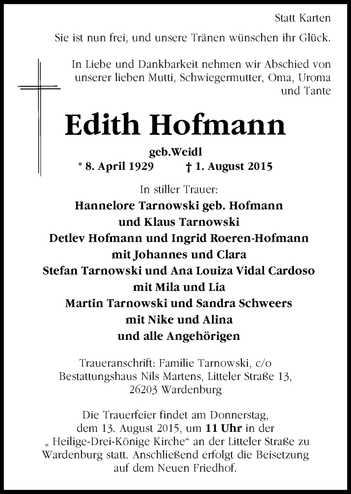  Traueranzeige für Edith Hofmann vom 08.08.2015 aus Nordwest-Zeitung