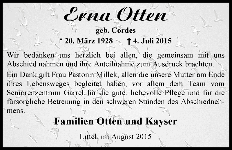  Traueranzeige für Erna Otten vom 08.08.2015 aus Nordwest-Zeitung