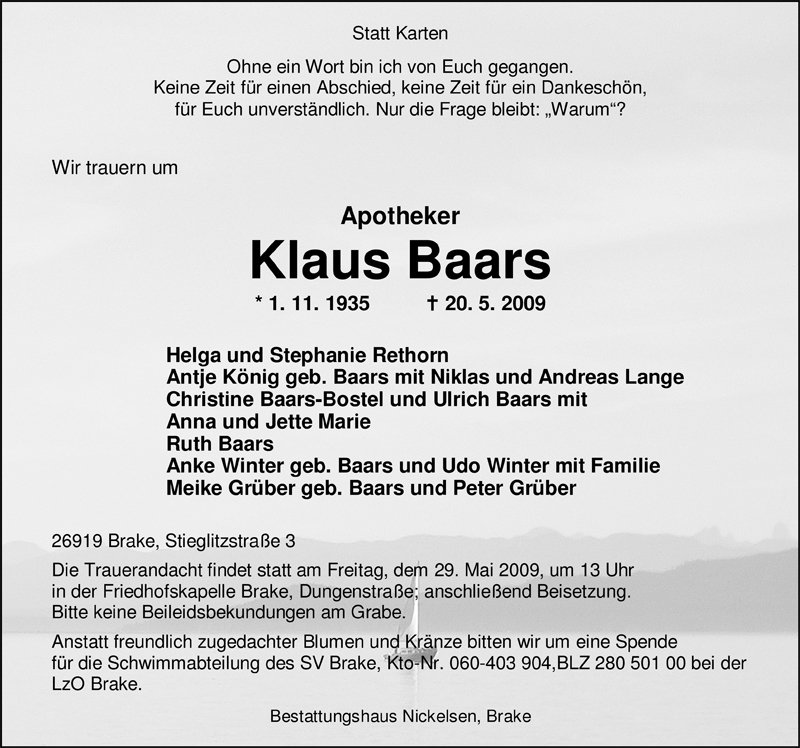  Traueranzeige für Klaus Baars vom 26.05.2009 aus Nordwest-Zeitung