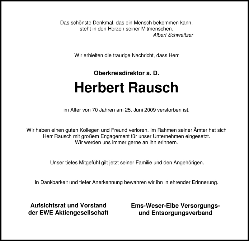  Traueranzeige für Herbert Rausch vom 30.06.2009 aus Nordwest-Zeitung