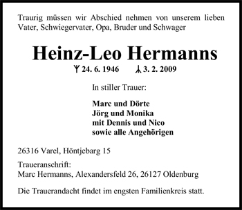 Traueranzeige von Heinz-Leo Hermanns von Nordwest-Zeitung