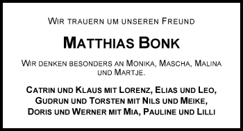 Traueranzeige von Matthias Bonk von Nordwest-Zeitung