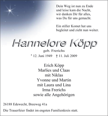 Traueranzeige von Hannelore Köpp von Nordwest-Zeitung