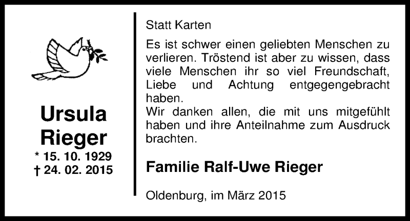  Traueranzeige für Ursula Rieger vom 18.03.2015 aus Nordwest-Zeitung